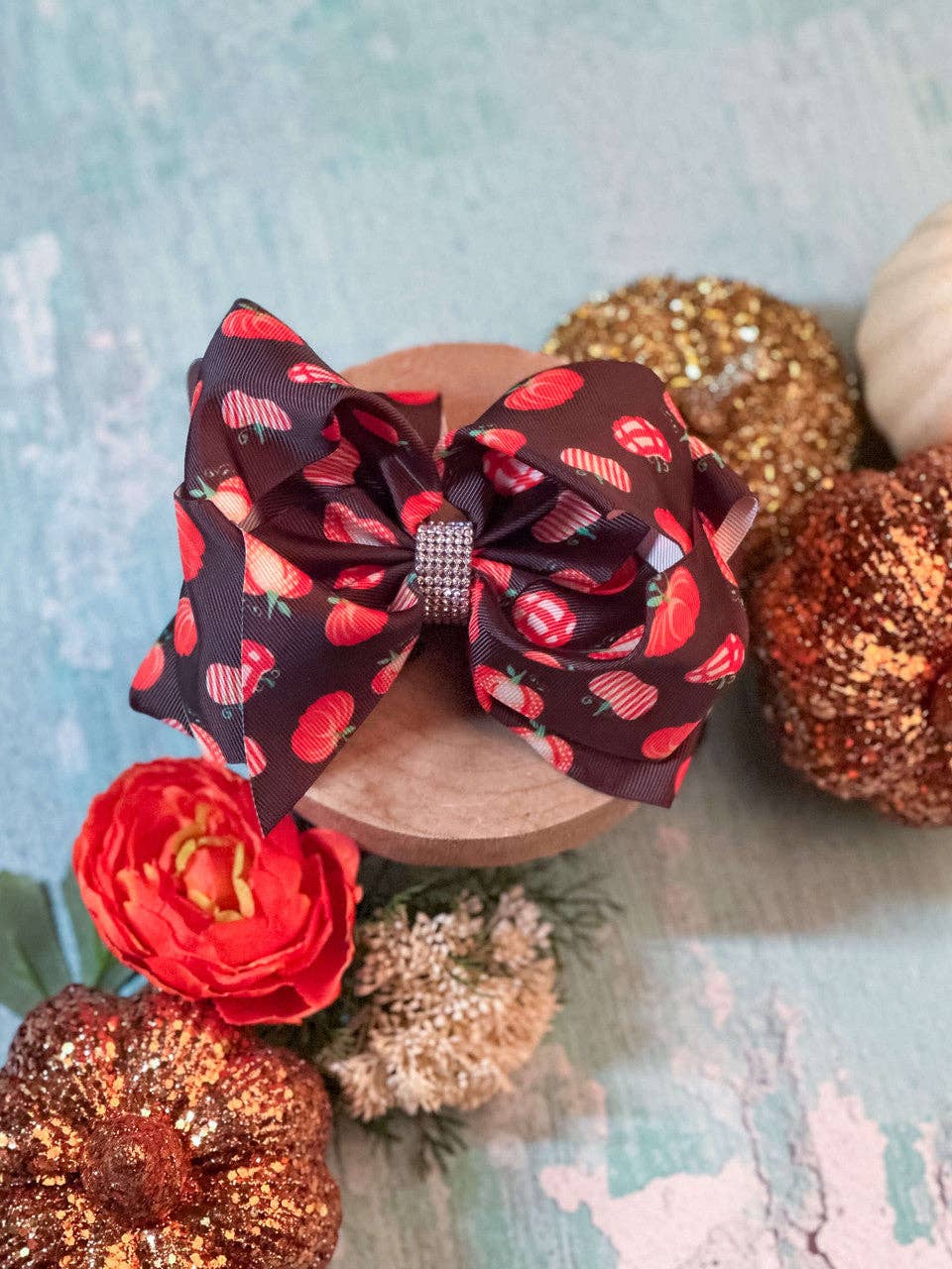 Patterned Pumpkins Rhinestone Center Texas Size Hair Bow