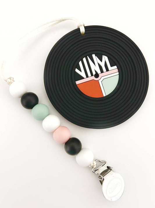 Vinyl Record  Silicone Baby Teether - Pink with Clip