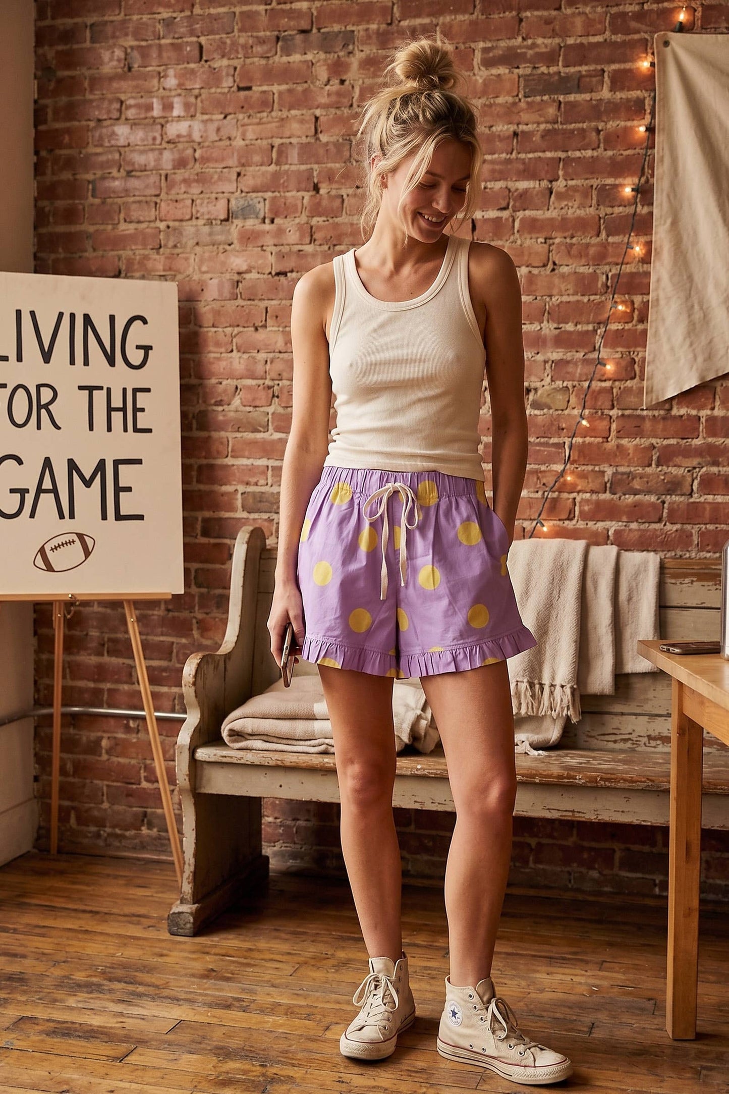 Gameday Ruffle Hem Polka Dot Poplin Shorts