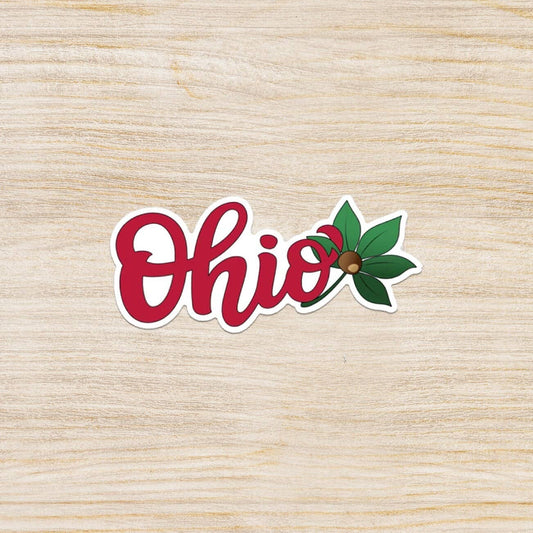 Ohio Script With Buckeye Leaf Sticker