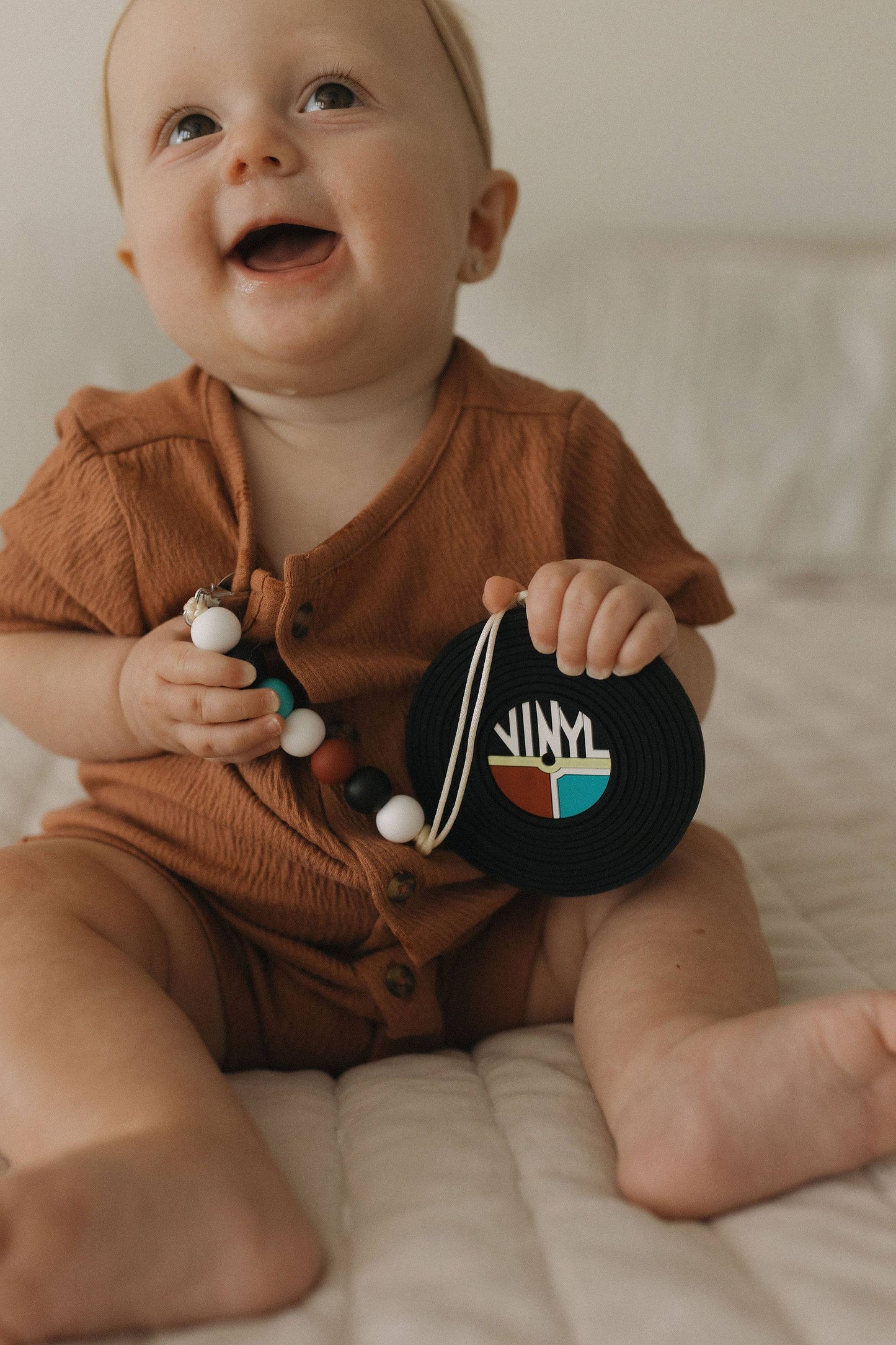 Vinyl Record Silicone Baby Teether - Blue with Clip