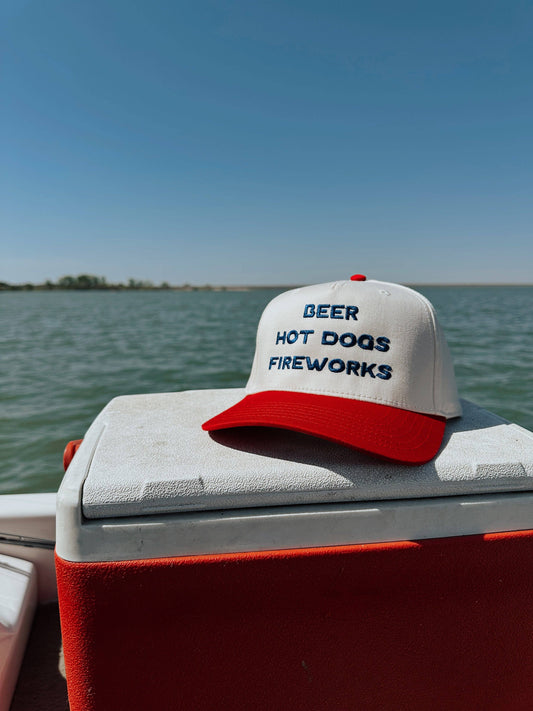 BEER HOT DOGS FIREWORKS Embroidered Trucker Hat
