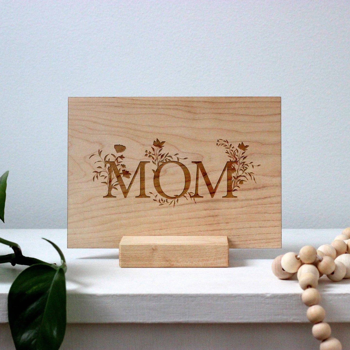 Wooden Mother's Day Card • Mom Floral Typography Card Art