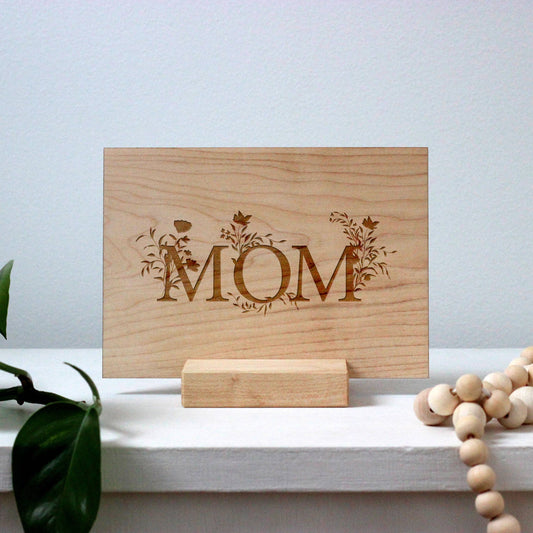 Wooden Mother's Day Card • Mom Floral Typography Card Art